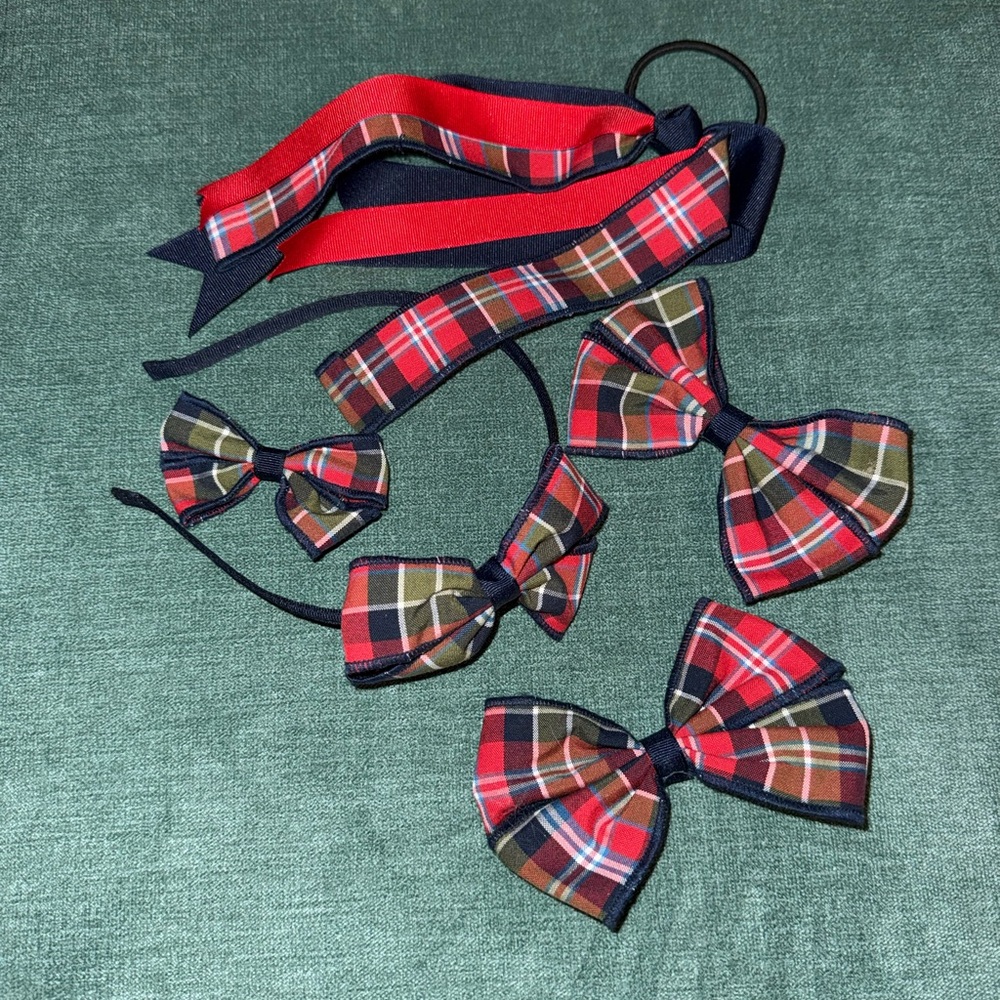 Primrose School Bow Hair Accessory Set for Kids - Red Tartan